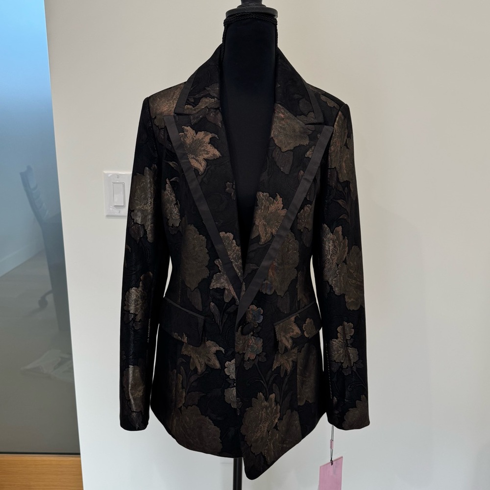 Avec Les Filles Black Blazer with Gold Floral Brocade - Picture 2 of 5